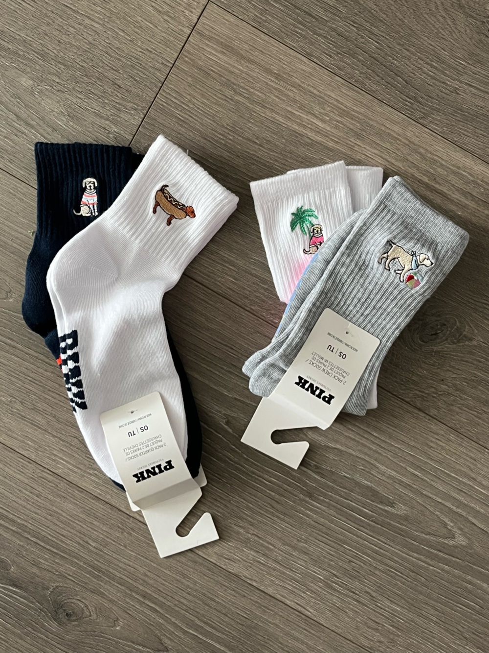 NWT PINK Victoria's Secret Womans 4 Total Pair Embroidered Dog Crew Socks